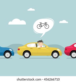 Businessman on the road with traffic jam, Thought to work by bike better. vector