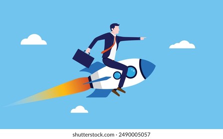 Businessman on rocket - Ambitious businessperson going forward in high speed sitting on spaceship pointing towards the future. Flat design vector illustration with blue background