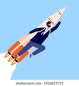 Businessman on rocket. Career growth, man flying with spaceship. Creative guy character, progress or professional success utter vector concept