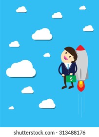 Businessman on a rocket. Cartoon Flat design business concept illustration. Concept of beneficial investing money. Business man with launching rocket and growing. moving up. sky. graphic. infographics
