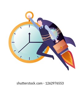 businessman on rocket and clock avatar character