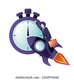 businessman on rocket and clock avatar character