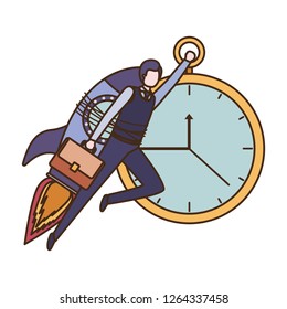businessman on rocket and clock avatar character
