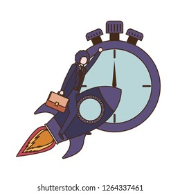 businessman on rocket and clock avatar character