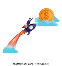 businessman on rocket and coin avatar character