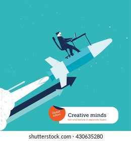 Businessman on rocket with computer. 
Vector illustration Eps10 file. Global colors. Text and Texture in separate layers.