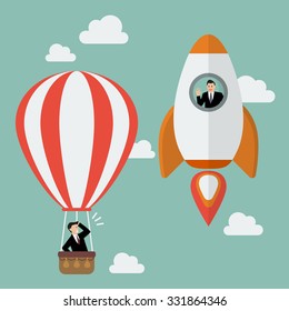 Businessman on a rocket fly pass Businessman in hot air balloon. Business competition concept