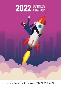 Businessman on a rocket fly Start up, through sky on 2022 year. Goal achievement metaphors. City background. Vector illustration