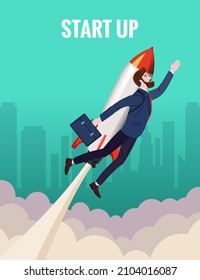Businessman on a rocket fly through sky. Start up, goal achievement metaphors. City background. Vector illustration