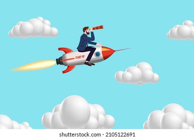 Businessman on a rocket fly through sky. Start up, goal achievement metaphors. Clouds background. Vector illustration