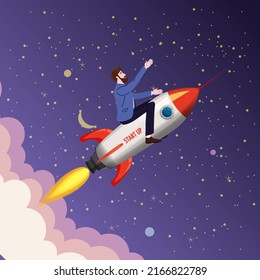 Businessman on a rocket fly through sky. Start up, goal achievement metaphors. Space stars background. Vector illustration