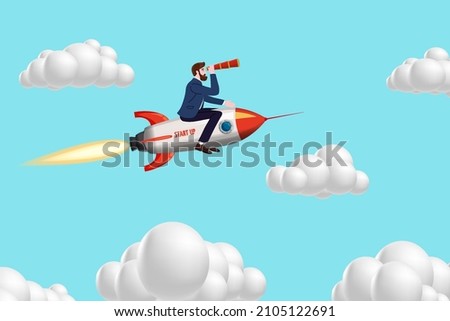 Businessman on a rocket fly through sky. Start up, goal achievement metaphors. Clouds background. Vector illustration