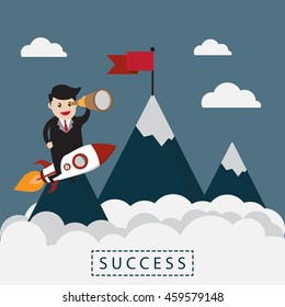 Businessman on the rocket flying to the mountain and red flag that show the concept of success in business vector background design