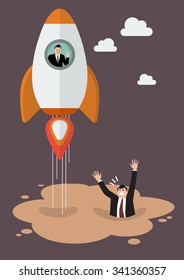 Businessman on a rocket gets away from puddle of quicksand. Business concept