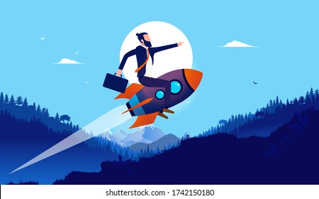 Businessman on rocket in landscape - Man flying on spaceship up hill in high speed with landscape in background. Boost your business, startup growth and progress concept. Vector illustration.