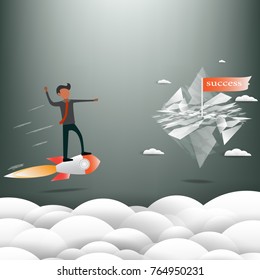 businessman on Rocket launch pointing to flag success On top of Moutain,Vector illustration