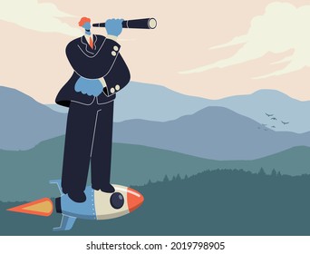 Businessman on rocket looking for opportunities in spyglass, Landscape lake, mountain. Vector design illustration.