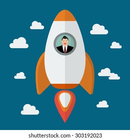 Businessman on a rocket. Project start up new business.
