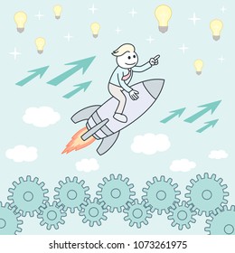 Businessman on a rocket. Startup Business. Vector.