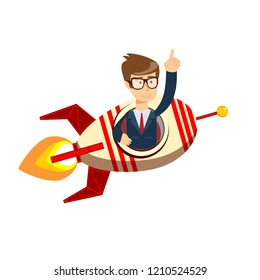 Businessman on a rocket. Startup business concept. Flat cartoon style. Vector illustration.