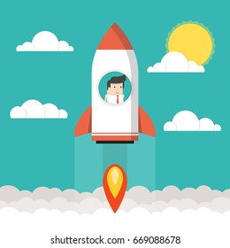 Businessman on a rocket. Startup business concept. Flat cartoon style. Vector illustration.