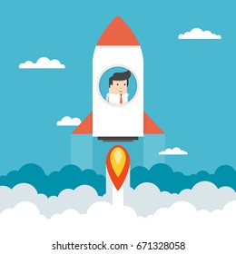 Businessman on a rocket. Startup business concept. Flat cartoon style. Vector illustration.