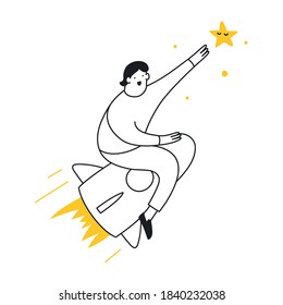 Businessman on a rocket trying to touch the stars. Achieve the goal, ambition task, trend, successful boost and leadership. Outline isolated vector illustration on white