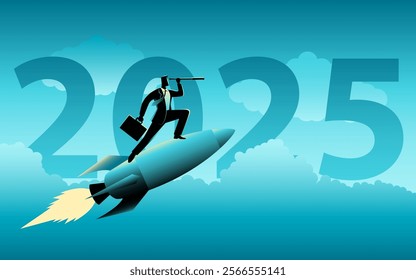 Businessman on a rocket, using a telescope against the backdrop of 2025. Embarking on a journey of vision and ambition in the upcoming year, pursuit of success and the exploration of new horizons
