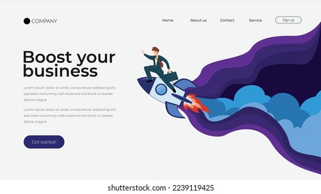 businessman on a rocket. website landing page. boost your business