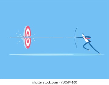 Businessman on the run shoots a bow at a target and destroying it. A man shoots an arrow from a bow right in the center of the target. Business concept the goal and right decision vector illustration