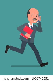 Businessman on the run speaks on the phone. Vector illustration, a flat style design. Suitable for animation (individual segments).