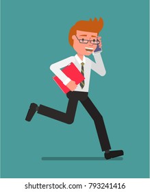 Businessman on the run speaks on the phone. Vector illustration. Flat design style.