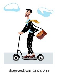 Businessman on scooter flat vector illustration. Young man in suit, office worker cartoon character. Guy in formal clothing driving eco transport. Ecologically safe, environmentally friendly vehicle