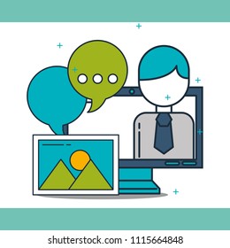 businessman on screen computer speech bubble digital marketing