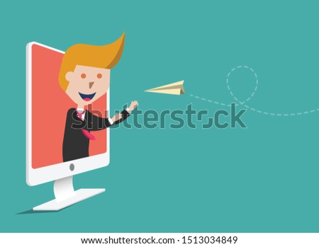 businessman on screen recieve plane paper, vector, illustration