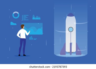Empresario en pantalla con cohete espacial vuela hacia arriba el concepto de ilustración de 2d vectorial para banner, sitio web, ilustración, página de aterrizaje, volante, etc.