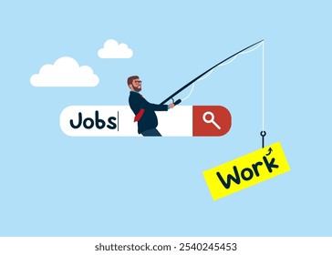 Businessman on search bar catching work on fishing rod. Looking for new job, employment, career or job search, seek for vacancy or work position. Modern vector illustration in flat style