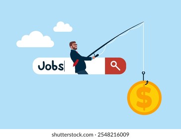 Businessman on search bar catching getting a salary on fishing rod. Modern vector illustration in flat style