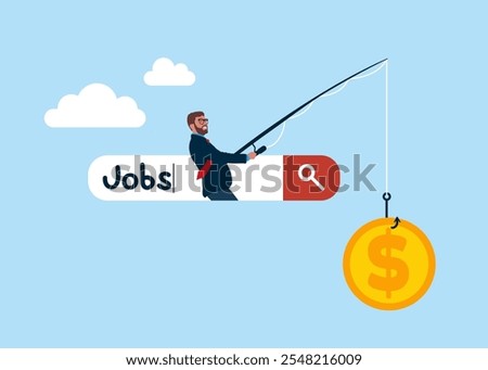 Businessman on search bar catching getting a salary on fishing rod. Modern vector illustration in flat style