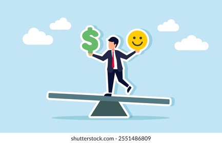 A businessman on a seesaw holding a dollar sign in one hand and a happy emoticon in the other, illustration of weighing choices between engagement and finances