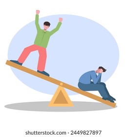 businessman on seesaw, profit and loss, achieving success. victory, profit. finance.