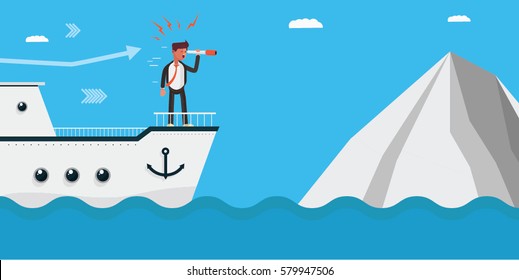 Businessman On Ship Noticing an Iceberg 