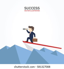 Businessman on a ship in the sea looking into the telescope. Success concept.