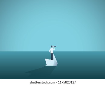 Hombre de negocios en un barco que se hunde, barco de papel. Símbolo de bancarrota, fracaso, pero también nuevo comienzo, superando desafío. Ilustración vectorial Eps10.