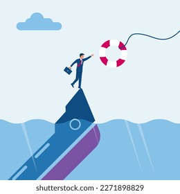 Businessman on a sinking ship. Support needed. Business helping concept. Lifebuoy as a symbol of help. Vector illustration flat design. Isolated on white background. 