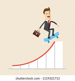 Businessman on skateboard on growth arrow of graph. Concept business illustration.