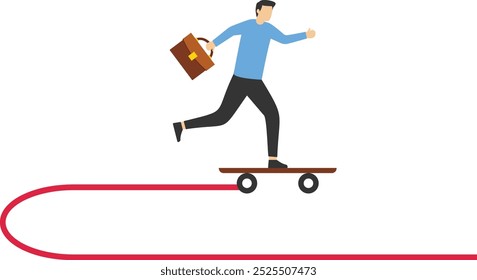 Businessman on a skateboard making u-turn, change of direction. Symbol of decision, choice.

