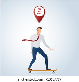 businessman on skateboard and pin location icon vector illustration