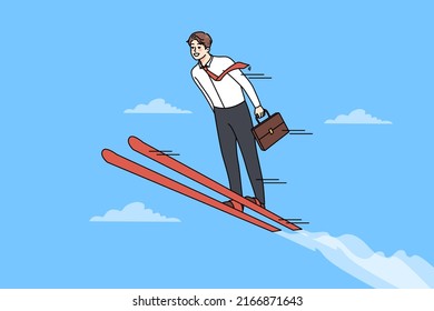 Businessman on ski jump high achieve work success or goals. Smiling man employee or worker strive for career promotion of job progress. Achievement concept. Vector illustration. 