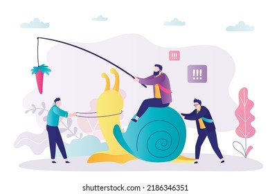 Businessman on sluggish snail trying to achieve success. Workers help boss move snail forward towards goal. Very slow business development. Teamwork, overcoming difficulties. Flat vector illustration